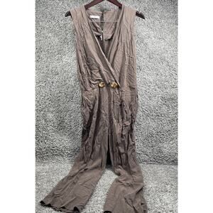MNG Basics Womens Wide Leg V Neck Jumpsuits Brown Sz Large Sleeveless Pockets